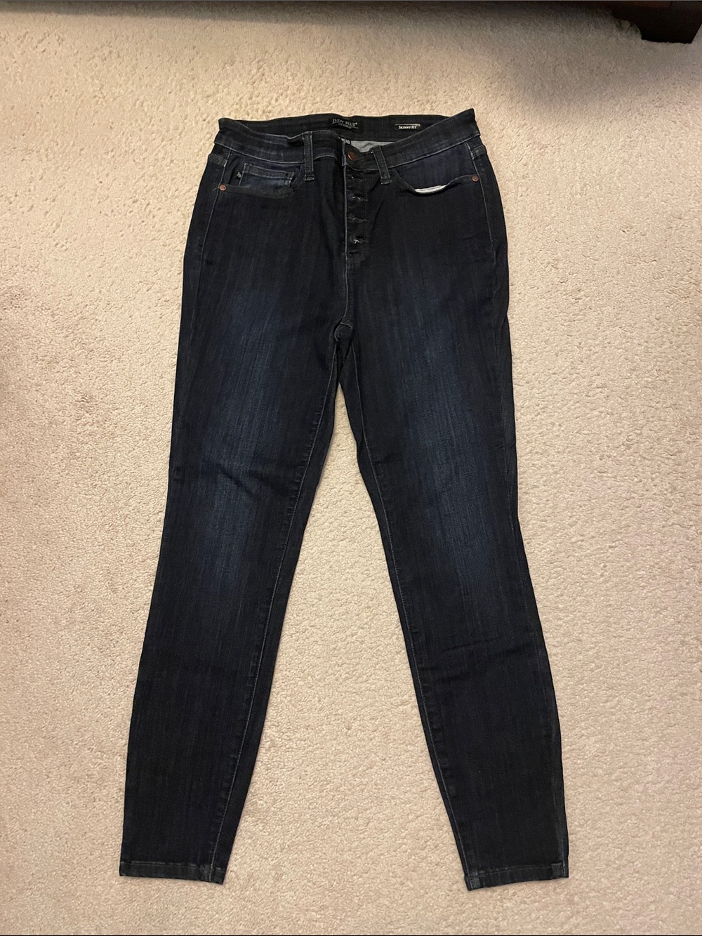 High-Rise Dark Wash Women’s Skinny Jeans - Dark Blue, Button fly.